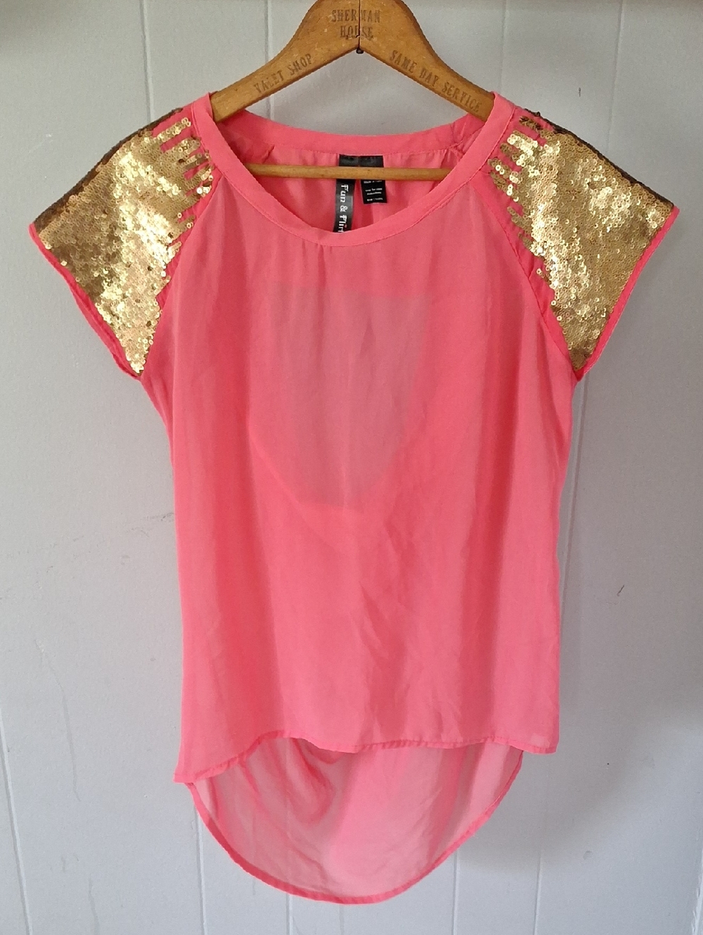 Fun & Flirt Coral Pink High-Low Top with Gold Sequin Shoulders